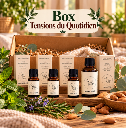 Box Tensions du quotidien Vitalité bien-être : menthe poivrée, romarin, eucalyptus et huile d'amande douce