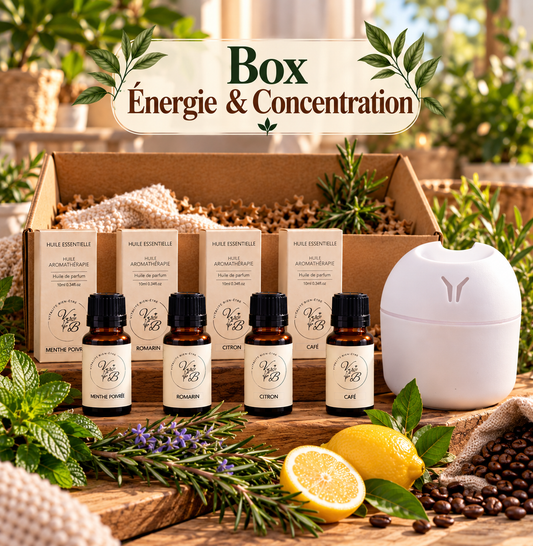 Box Énergie & concentration Vitalité bien-être : menthe poivrée, romarin, citron, café et diffuseur
