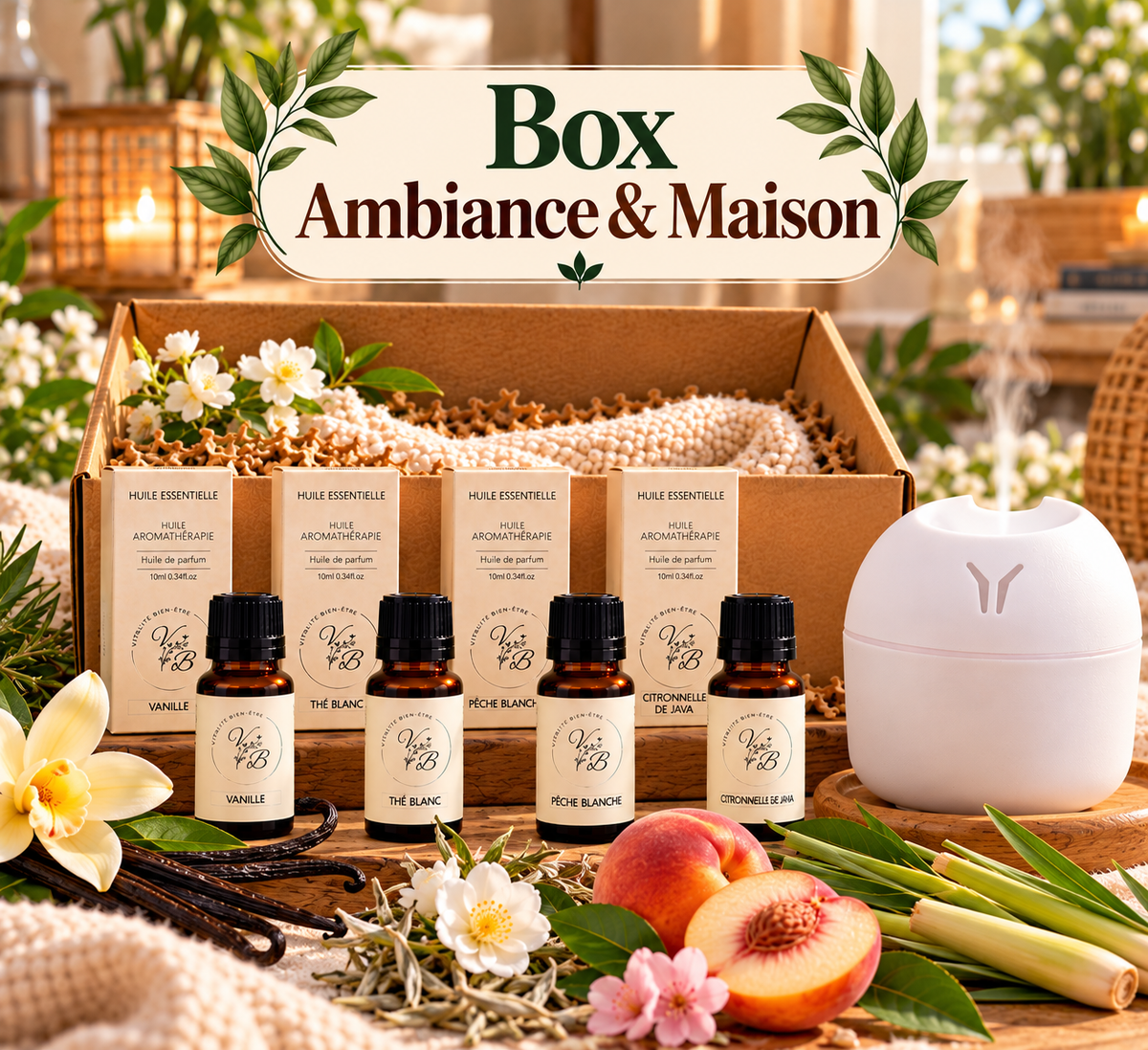 Box Ambiance & maison Vitalité bien-être : vanille, thé blanc, pêche blanche, citronnelle et diffuseur