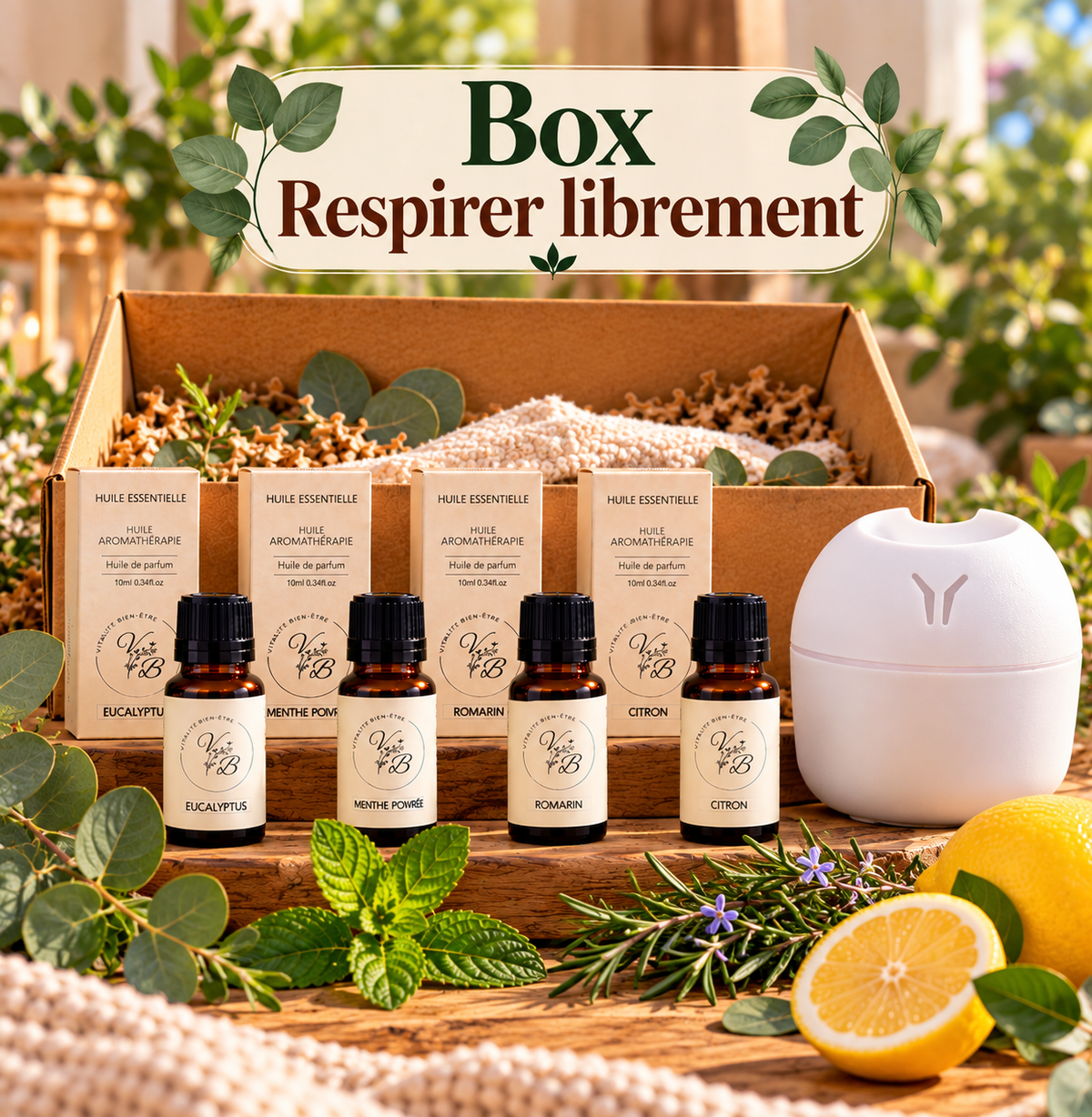 Box Respirer librement Vitalité bien-être : eucalyptus, menthe poivrée, romarin, citron et diffuseur