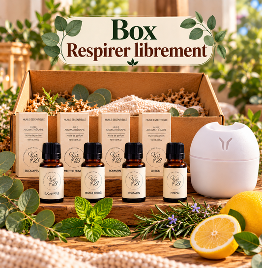 Box Respirer librement Vitalité bien-être : eucalyptus, menthe poivrée, romarin, citron et diffuseur