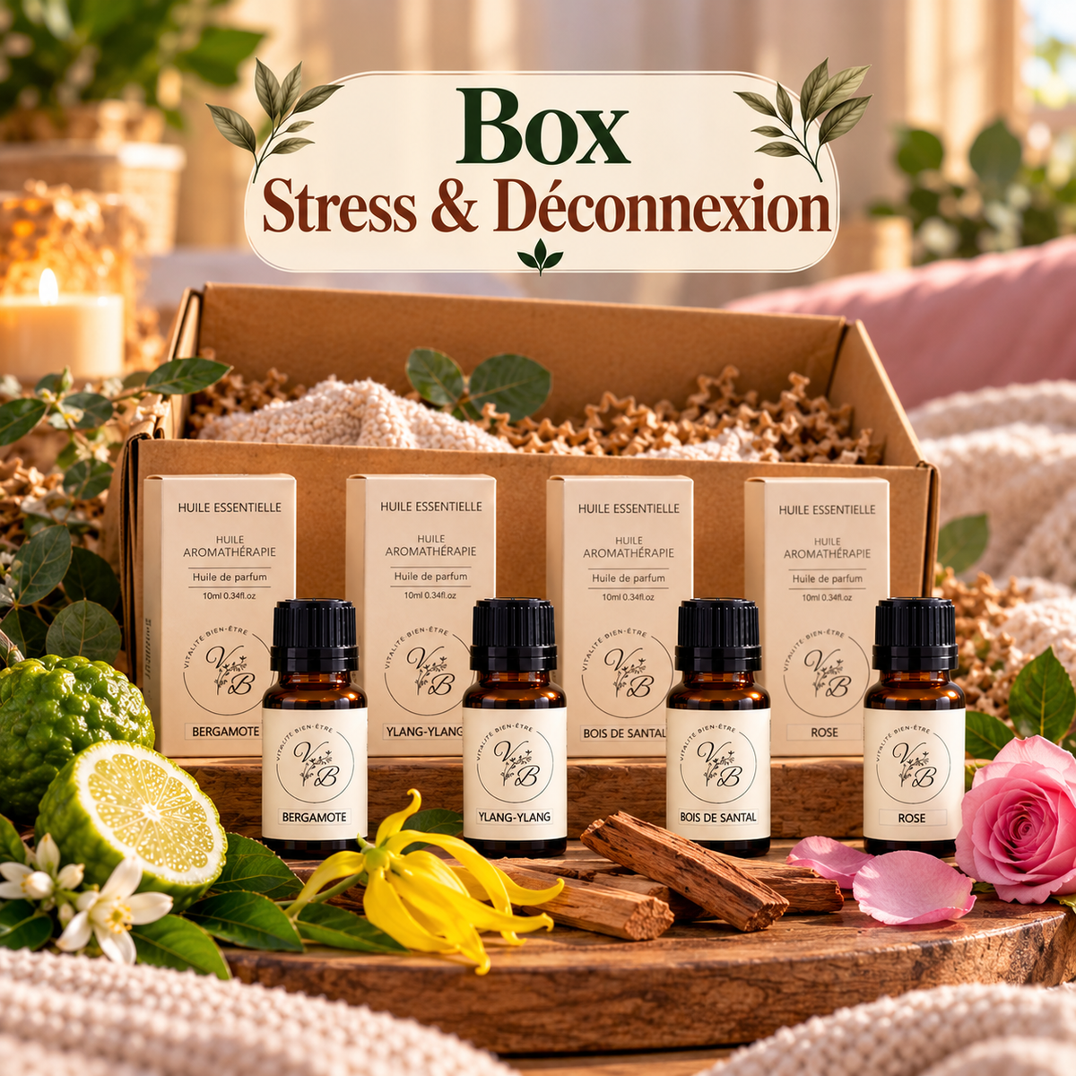 Box Stress & déconnexion Vitalité bien-être : bergamote, ylang-ylang, bois de santal et rose