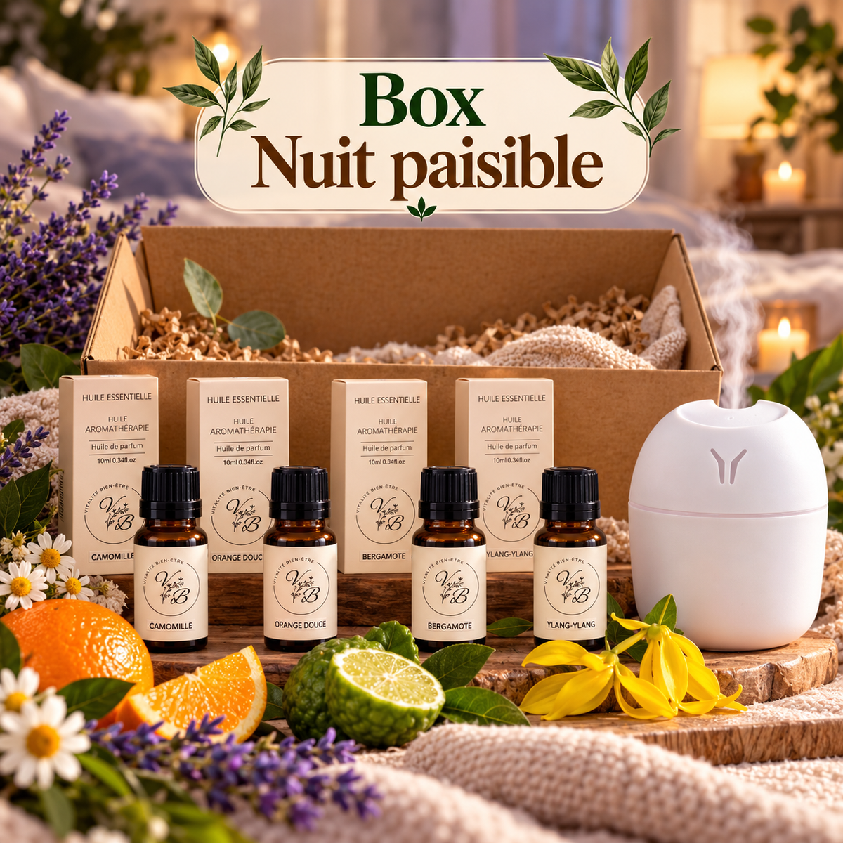 Box Nuit paisible – Huiles essentielles & diffuseur pour le coucher