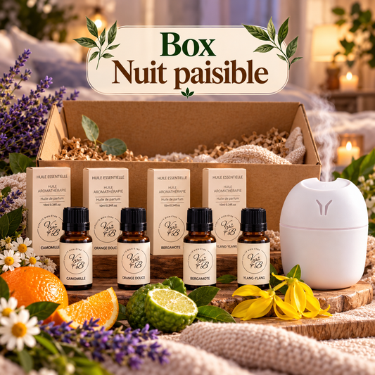 Box Sommeil Vitalité bien-être : 4 huiles parfumées douces et diffuseur veilleuse