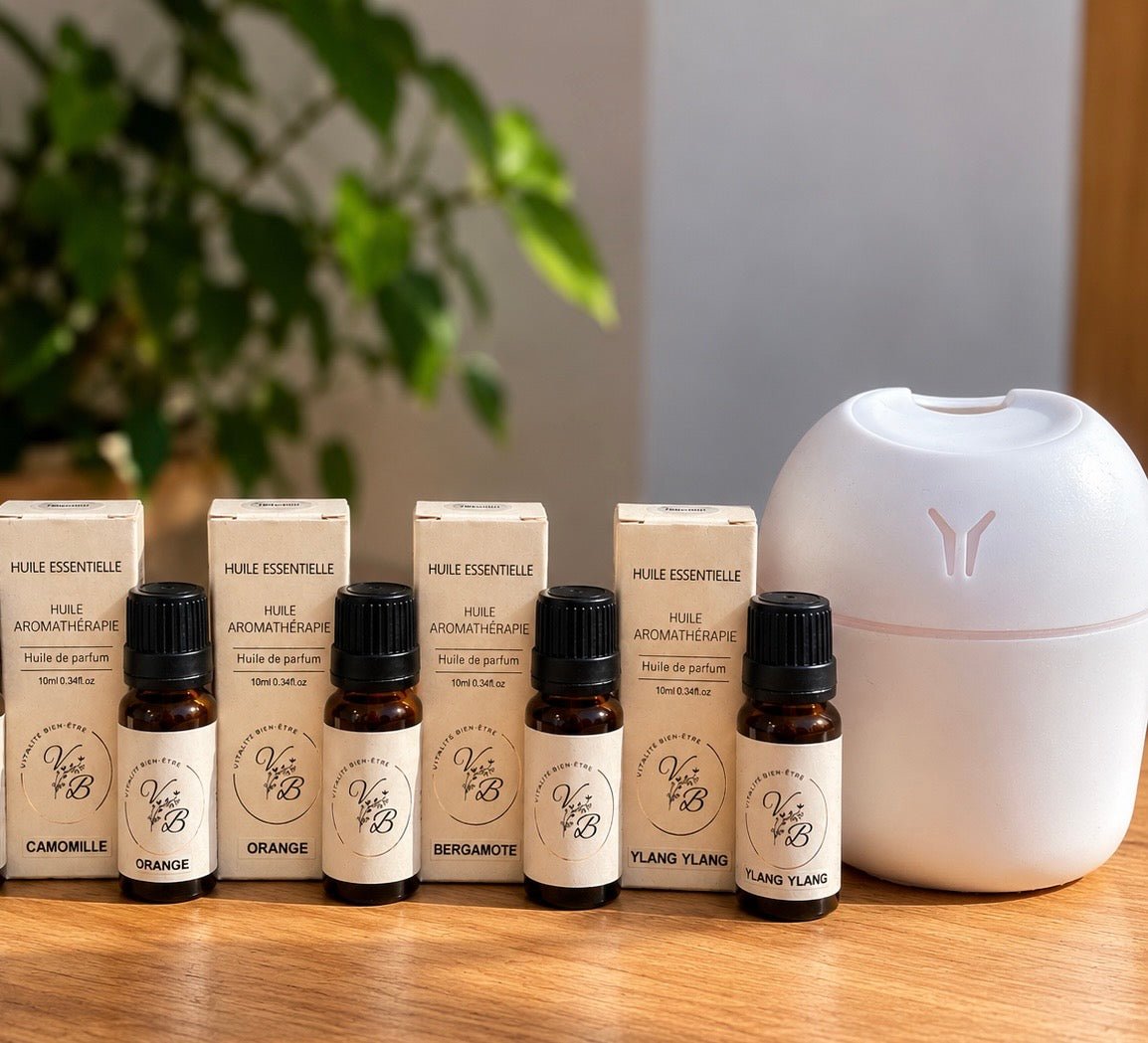 Box Sommeil Vitalité bien-être : 4 huiles parfumées douces et diffuseur veilleuse