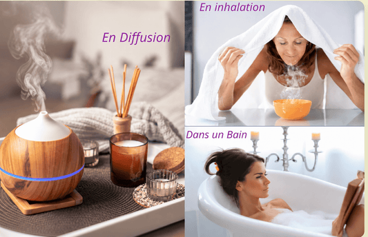 Visuel en trois scènes : diffusion, inhalation et bain — sans massage